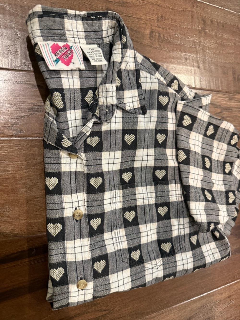 Vintage Teacher Chic Plaid Heart Camp Shirt by Keren Hart Black & White L